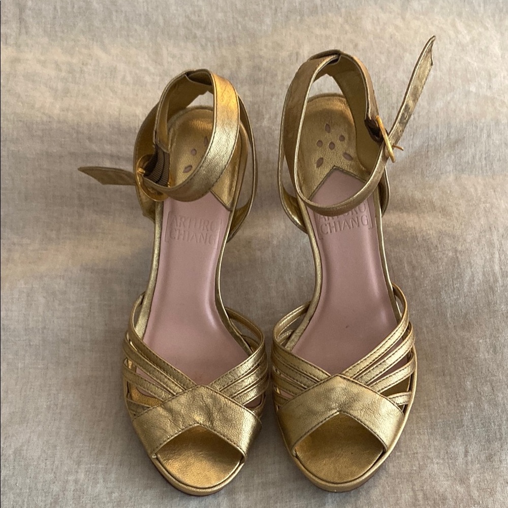 Arturo Chiang Gold Metallic Sandals with Ankle Straps